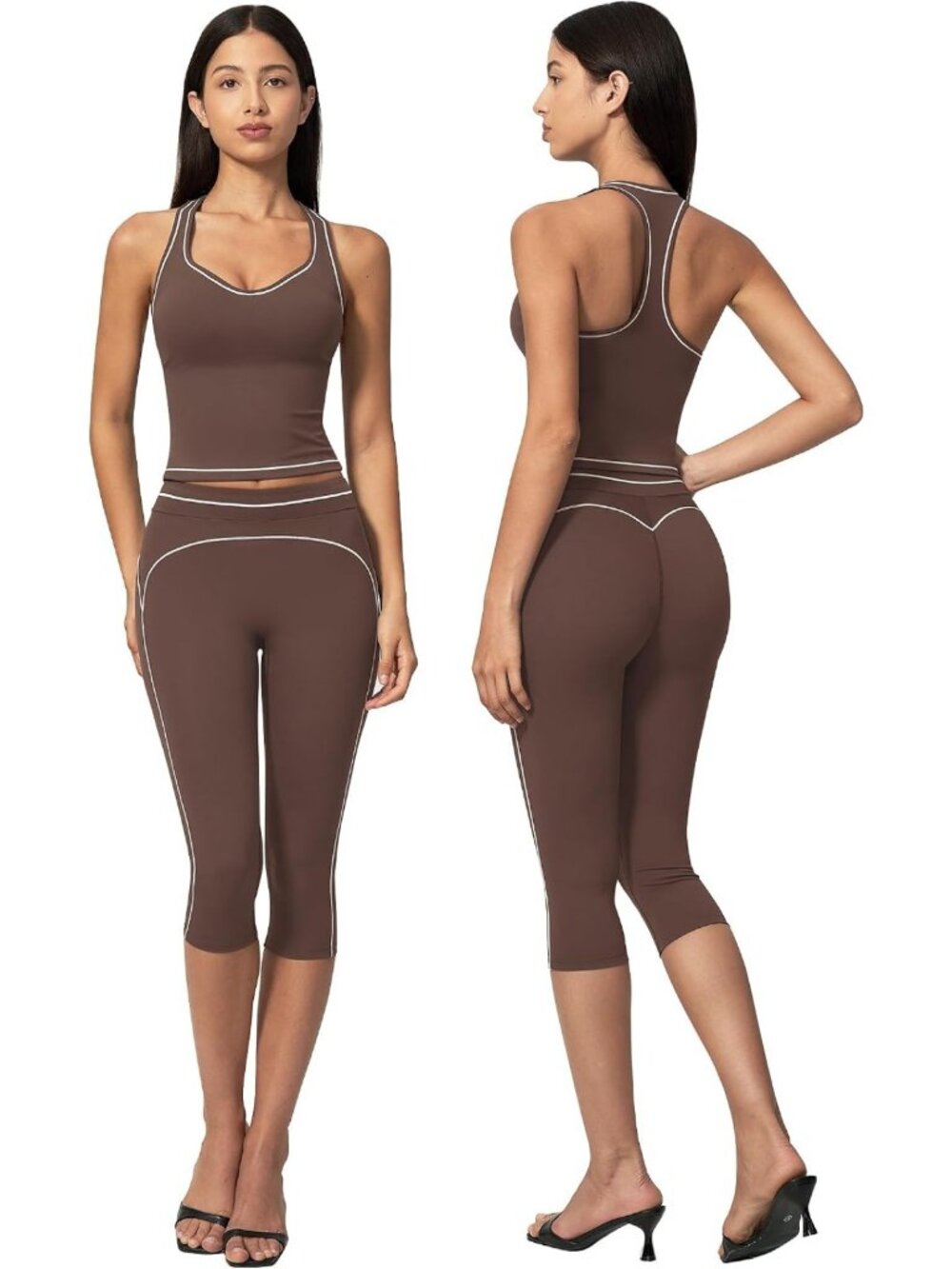 Stylish Women's Two-Piece Workout Set - Racerback Crop Top & High Waist Capri